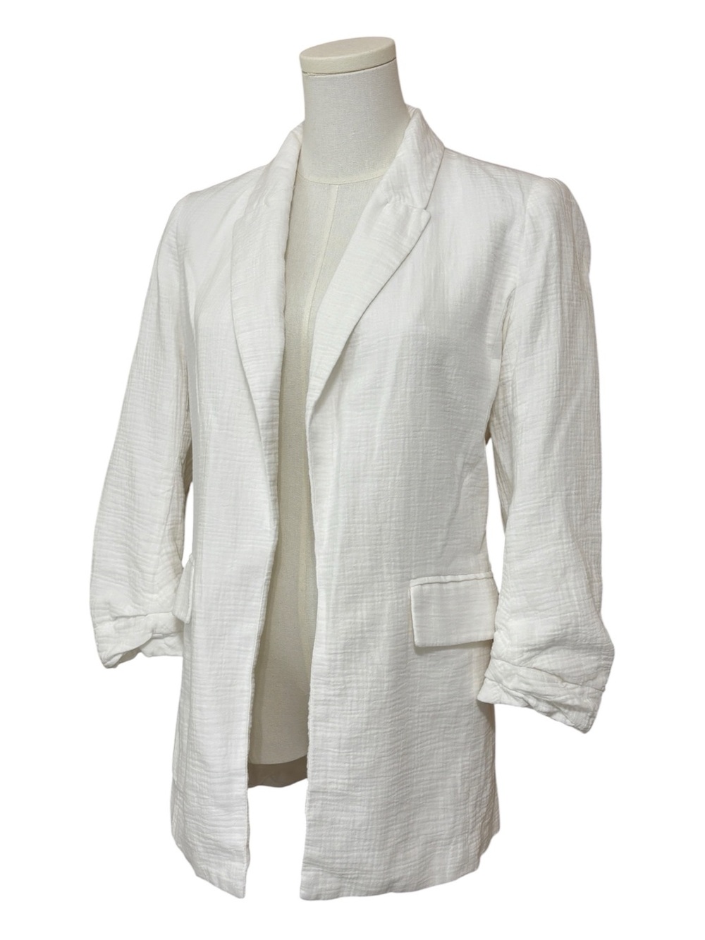 Nine West White Cotton Gauze Blazer Womens XS Ruched Sleeve Open Front Lined